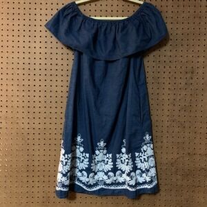 Westport 1962 Off Shoulder Embroidered Denim Midi Dress Medium Costal Preppy